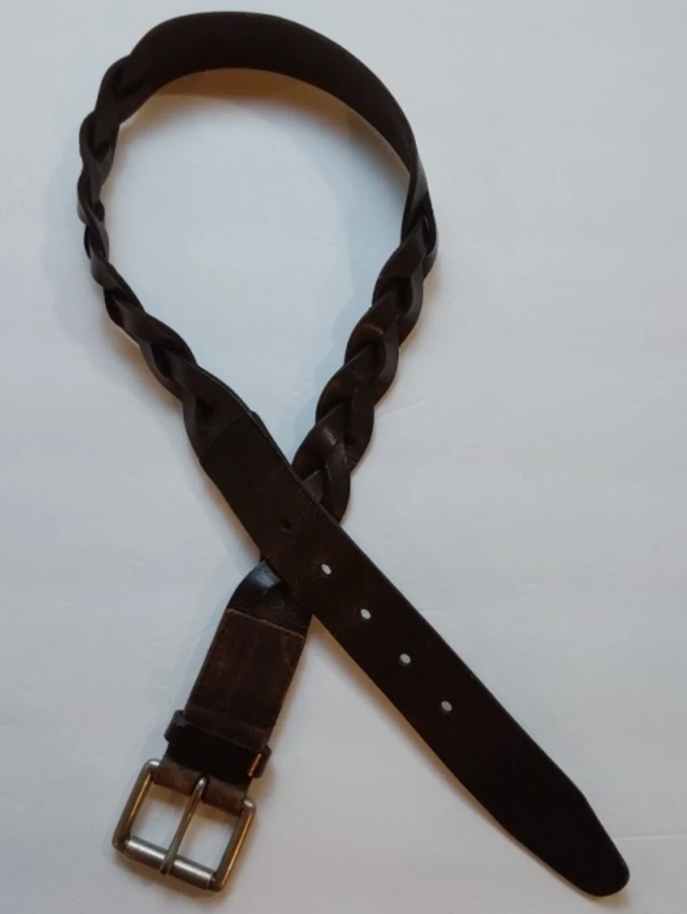 Talbots| Womens Dark Brown Premium Leather Woven Belt Silver Roll Buckle Xs - S